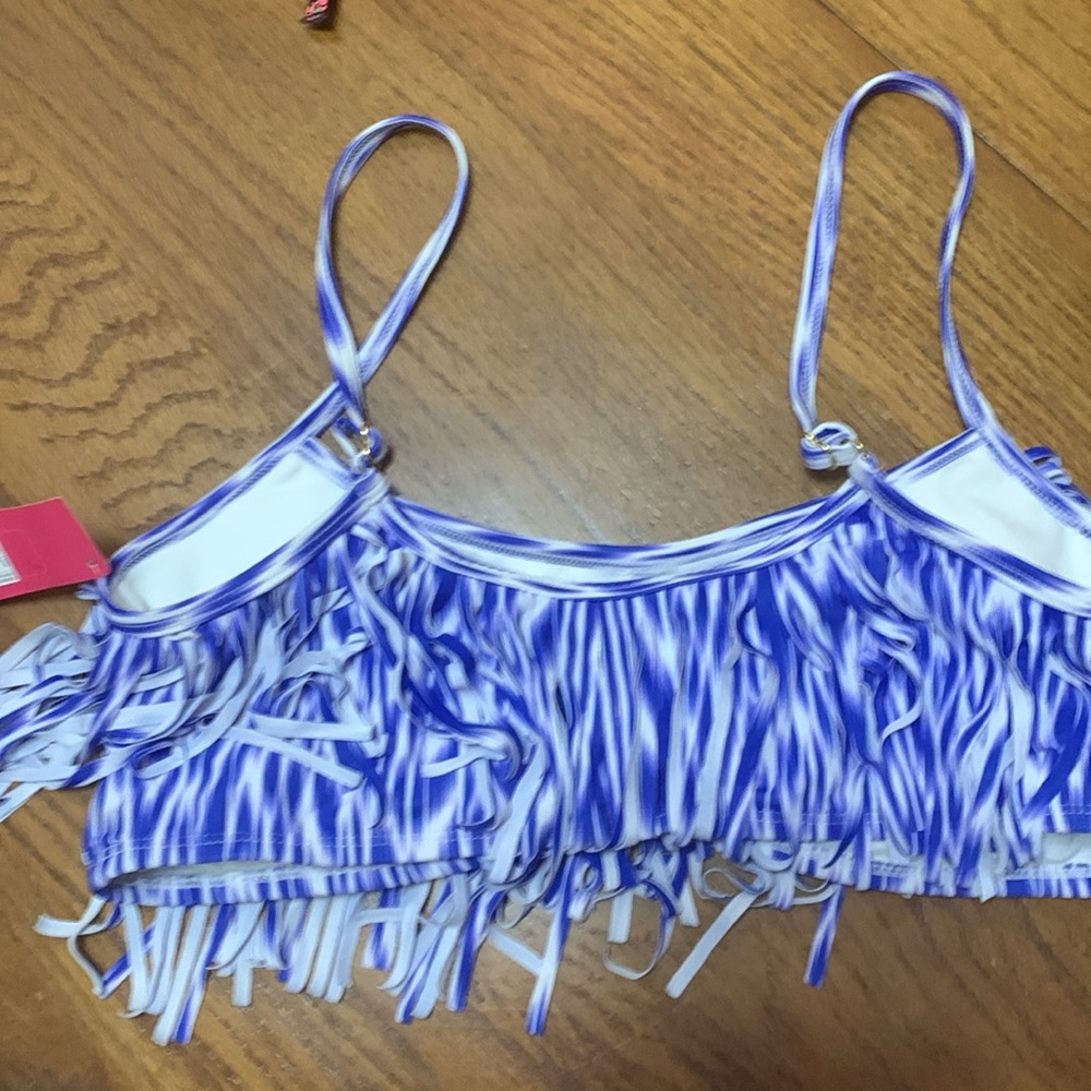 Xhilaration Blue and White Fringe Bikini Top Adjustable Straps Size L NWT - Picture 3 of 6